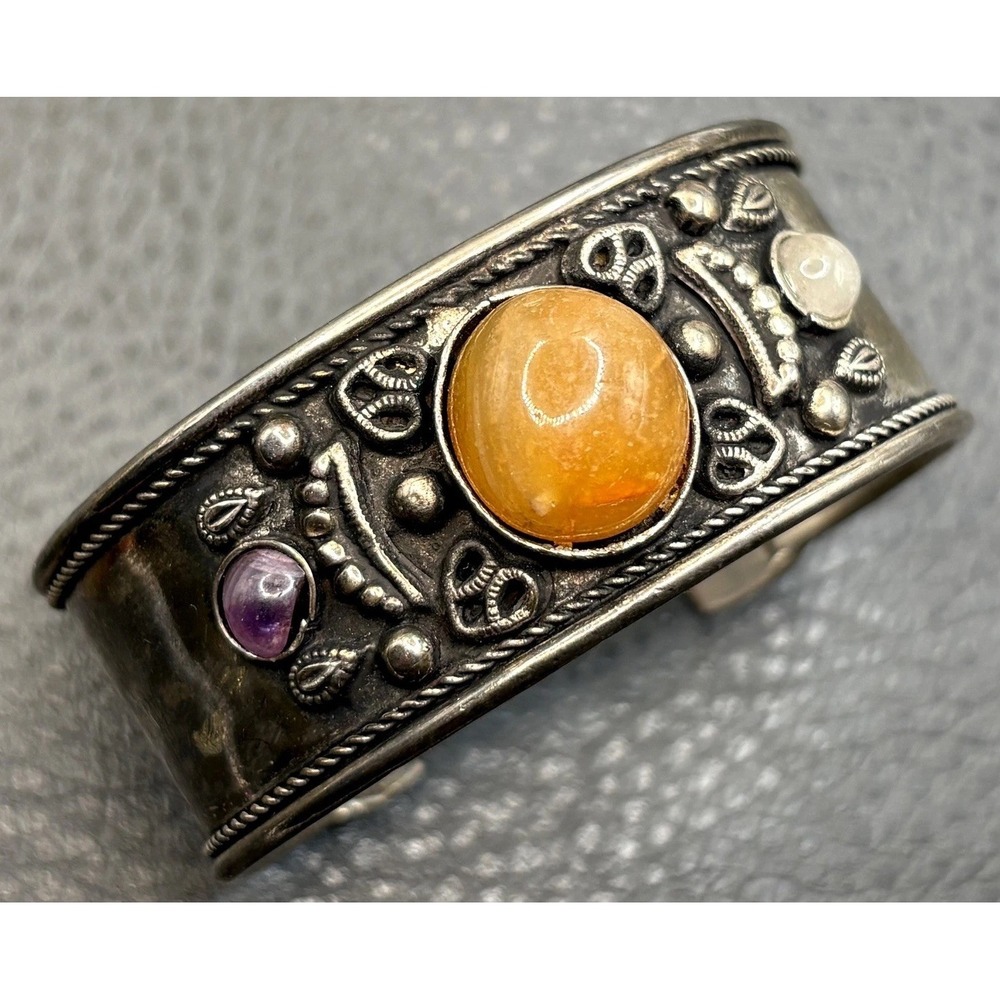 VTG Tibetan Cuff Bracelet Semi Precious Gems Amethyst Quartz Silver Tone 7"